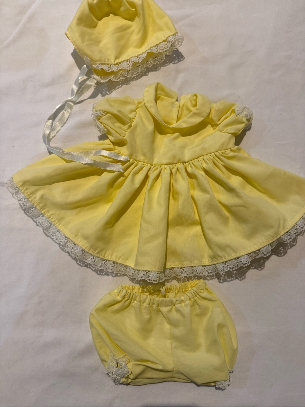 Vintage 1990s Yellow Doll Dress Set with Bonnet and Bloomers used for preemie.